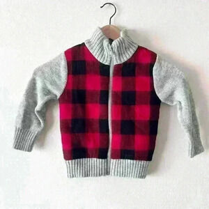 Cat & Jack Sz 2T Boys Red Plaid Gray Sherpa Zip Up Jacket Knit